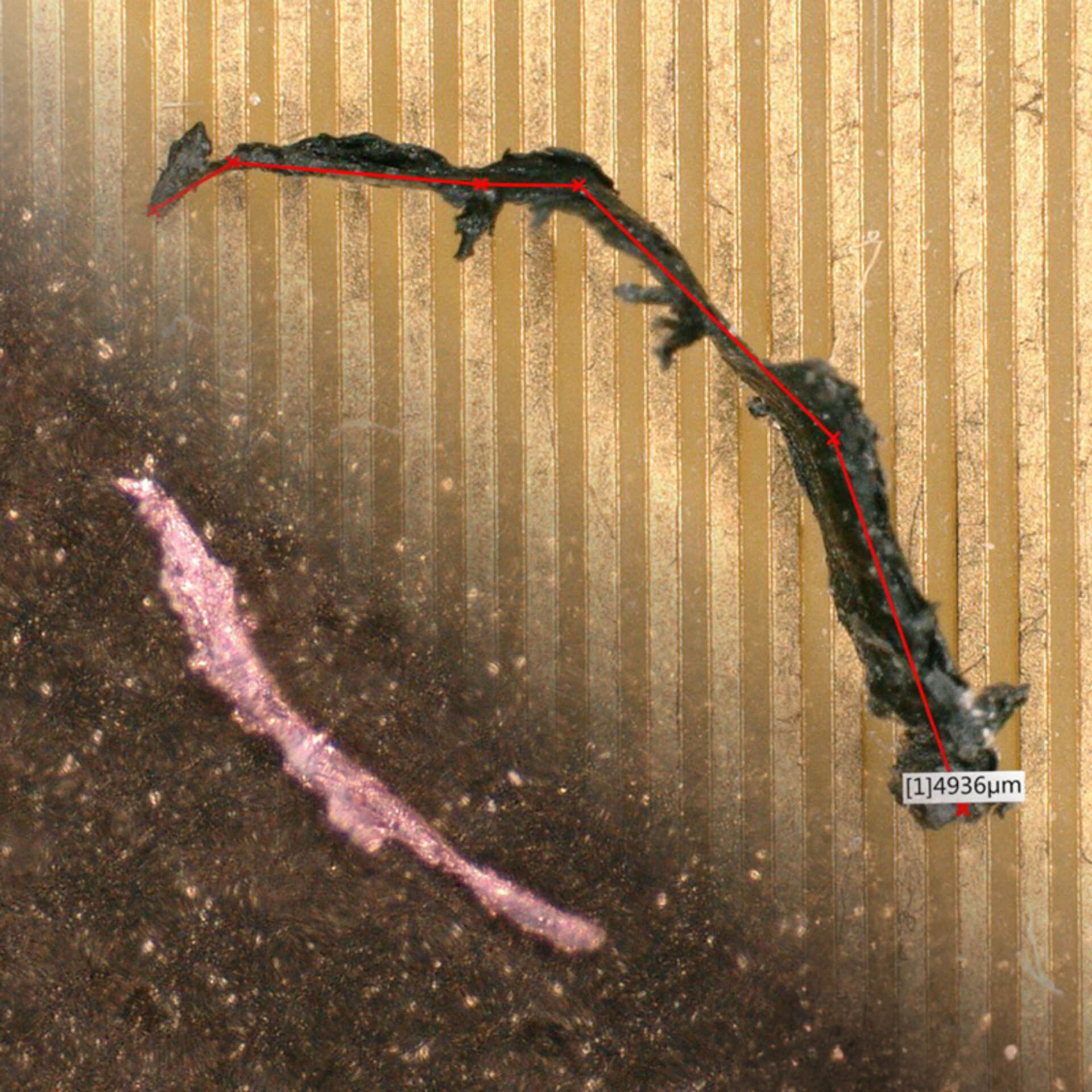 Particle contamination caused by copper particles and polystyrene on a printed circuit board can be seen. | © @Zestron