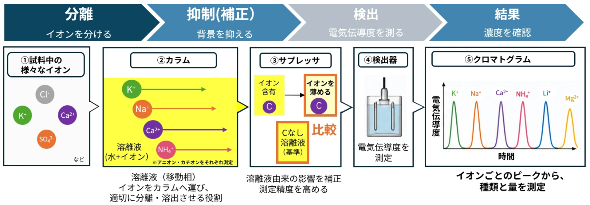 イオンクロマトグラフィーは水溶液試料中に含まれるイオン種成分を、カラムを用いて分離し、検出器にて各イオン種成分を検出する分析方法です。