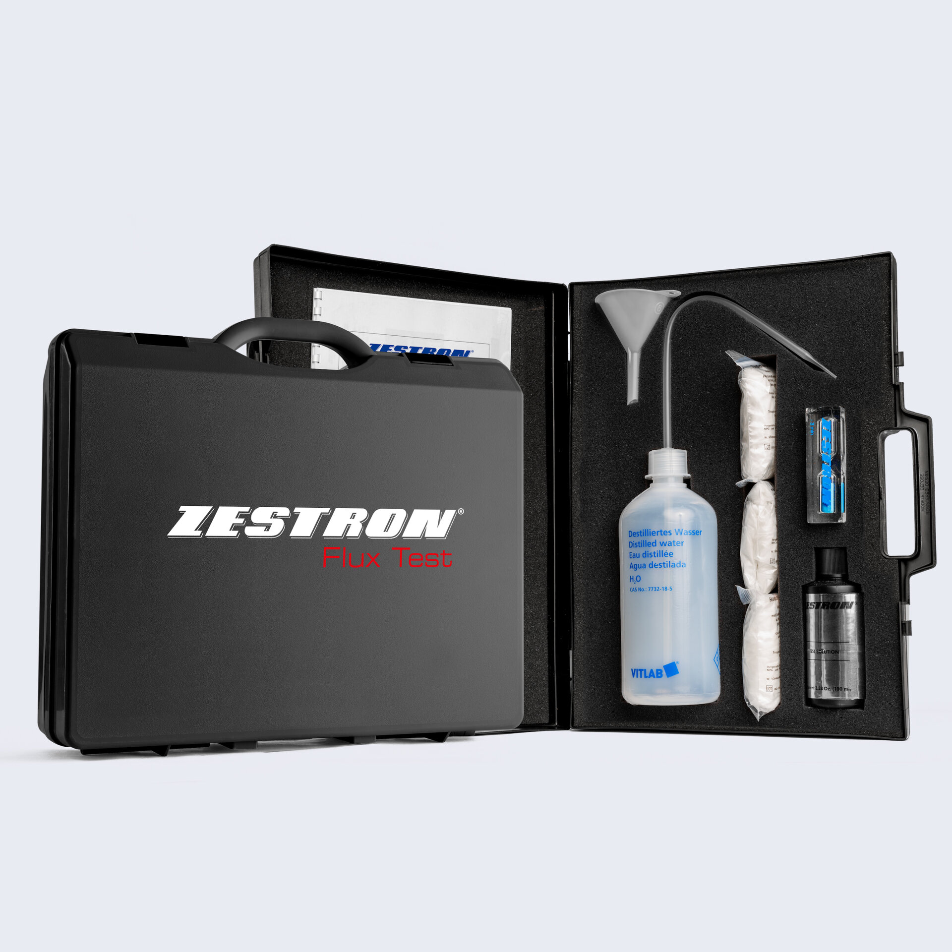 zestron flux test kit open showing products 