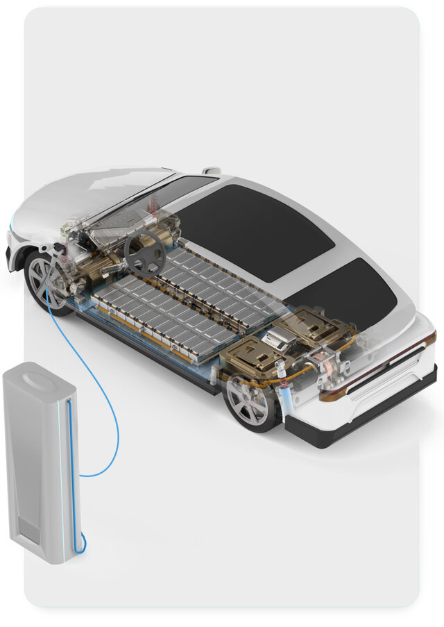 ev car showing battery and inside components