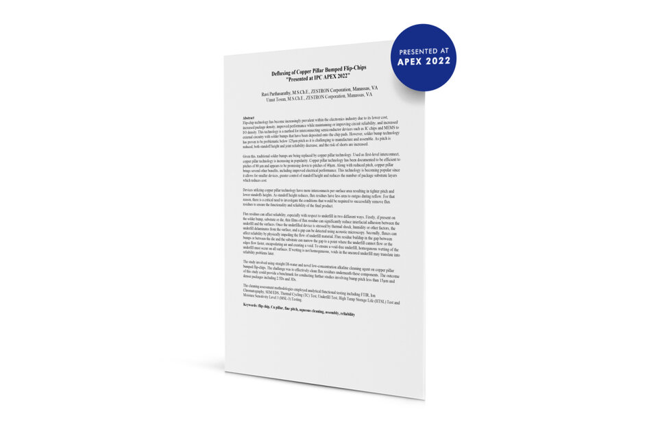 technical white paper showing Defluxing of Copper Pillar Bumped Flip-Chips