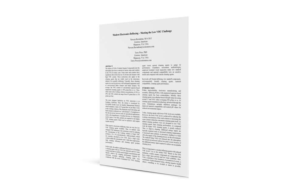 technical white paper showing Modern Electronics Defluxing Meeting Low VOC Challenges -Technical Article