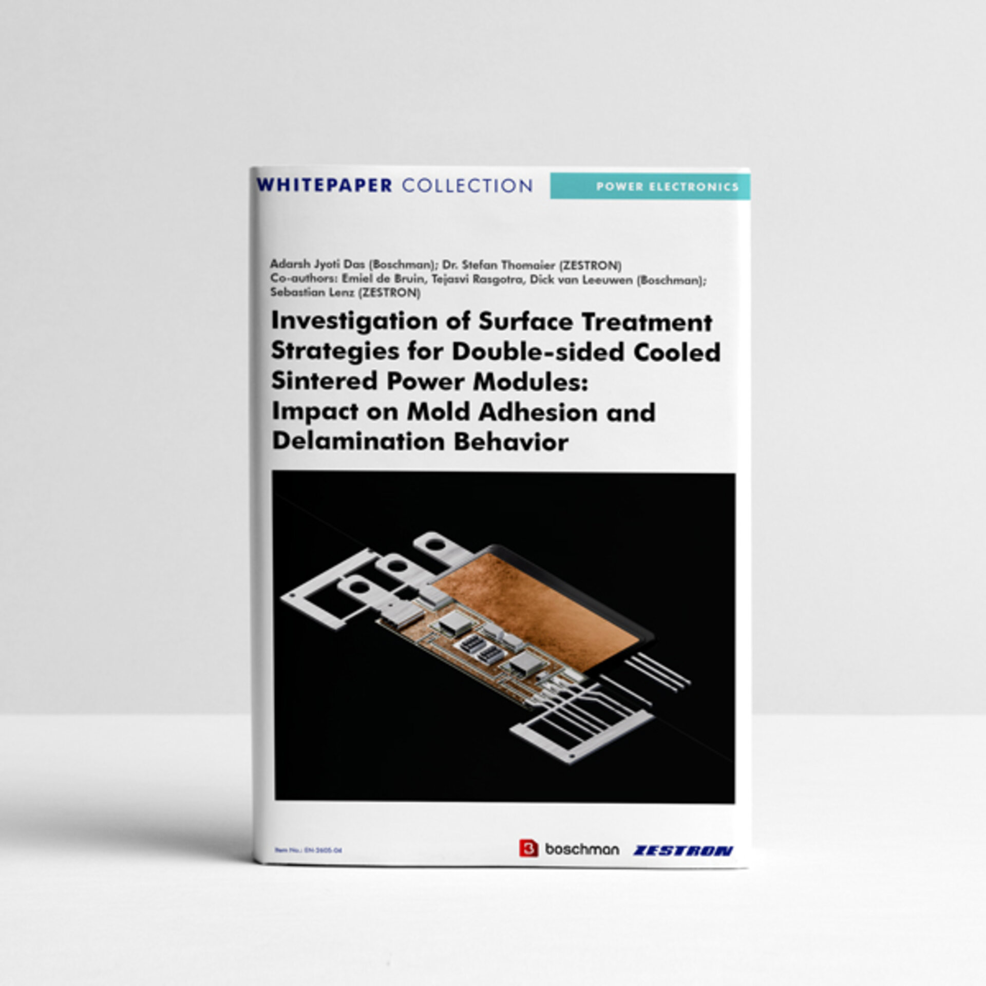 Cover oft Whitepaper Investigation of Surface Treatment Strategies for Double-sided Cooled Sintered Power Modules: Impact on Mold Adhesion and Delamination Behavior | © @ZESTRON